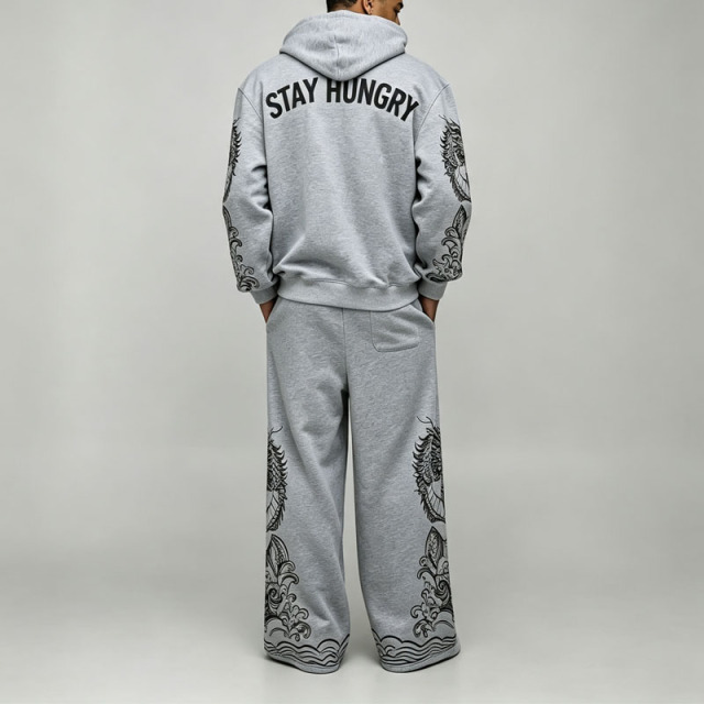 Custom Flocked DTG Printing 100% Pure Cotton French Terry 2 Pieces Boxy Baggy Heather Grey Men's Winter Streetwear Hooded
