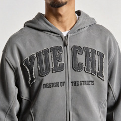 Custom Men Oversized Fit Full Zip Hoodie Tracksuit 100% Cotton French Terry Washed Distressed Applique Embroidery Wide Leg