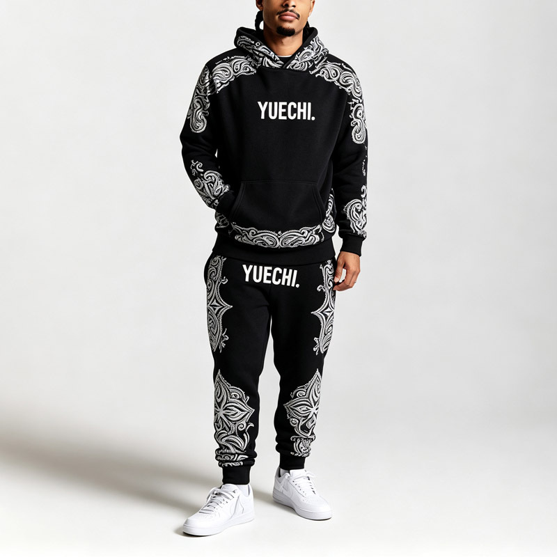 Custom Men Full Zip Hoodie Tracksuit 100% Cotton Heavyweight Fleece Embroidery DTG Printing Cuffed Jogger Two Piece Set