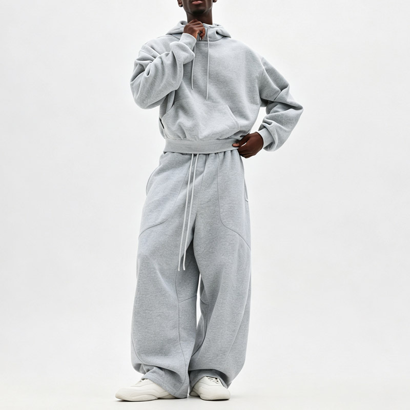 Custom Men Heather Grey Heavyweight Plain Regular Hooded Pullover Fleece Hoodie With Drawstring Casual Streetwear Two Piece Set