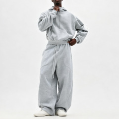 Custom Men Heather Grey Heavyweight Plain Regular Hooded Pullover Fleece Hoodie With Drawstring Casual Streetwear Two Piece Set