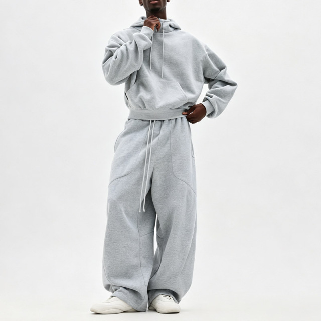 Custom Men Heather Grey Heavyweight Plain Regular Hooded Pullover Fleece Hoodie With Drawstring Casual Streetwear Two Piece Set