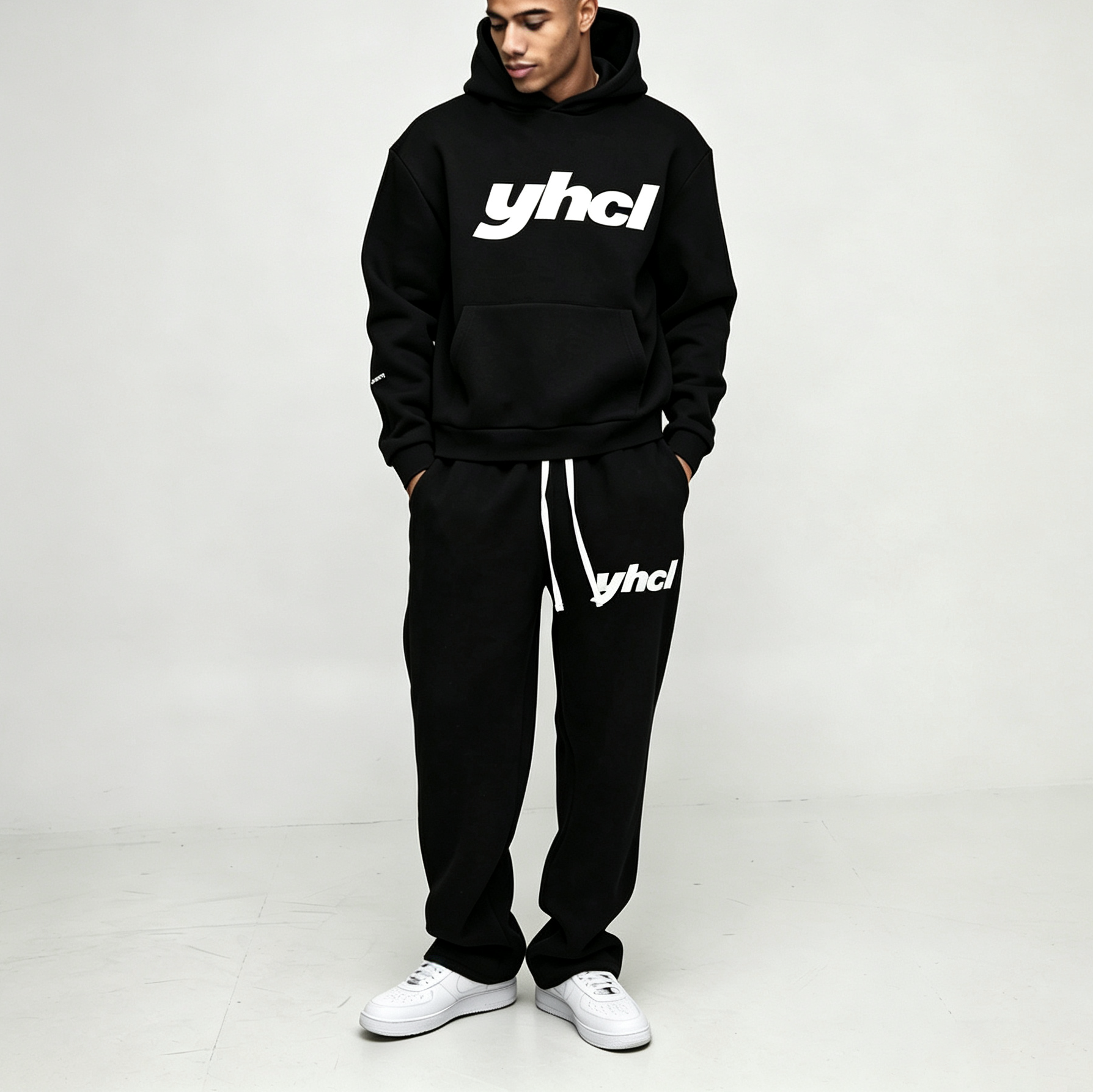 Custom Screen Print Graphic Black Fleece 2 Pieces Boxy Fit Baggy Cotton Pullover Apparel Men's Urban Streetwear Jogger Set