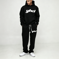 Custom Screen Print Graphic Black Fleece 2 Pieces Boxy Fit Baggy Cotton Pullover Apparel Men's Urban Streetwear Jogger Set