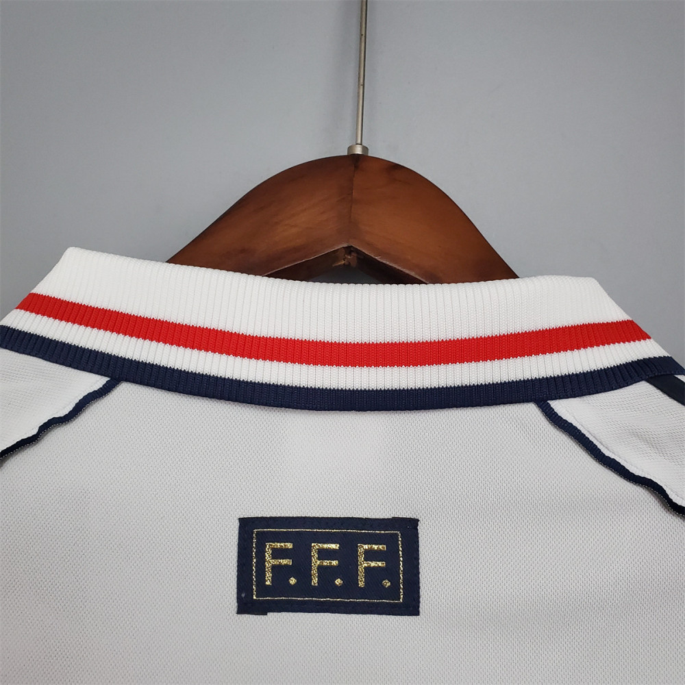 Retro France 1998 Away Jersey back collar detail featuring tricolor ribbed neckline and FFF label