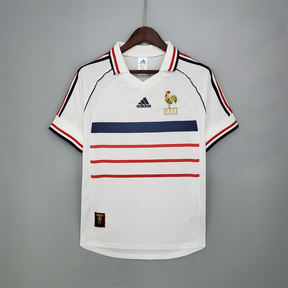 Retro France 1998 Away Jersey fan version front view, white France national team shirt with red and blue horizontal stripes
