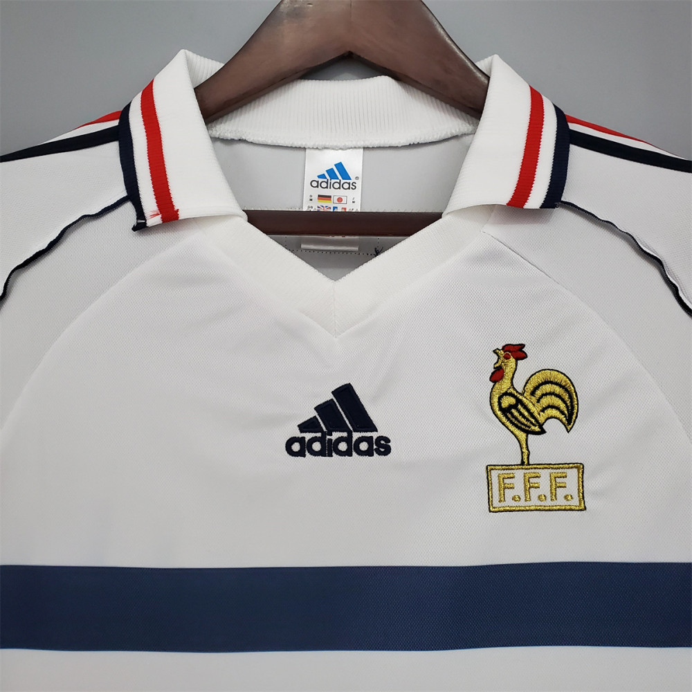 Retro France 1998 Away Jersey V-neck collar detail with Adidas logo and France FFF crest