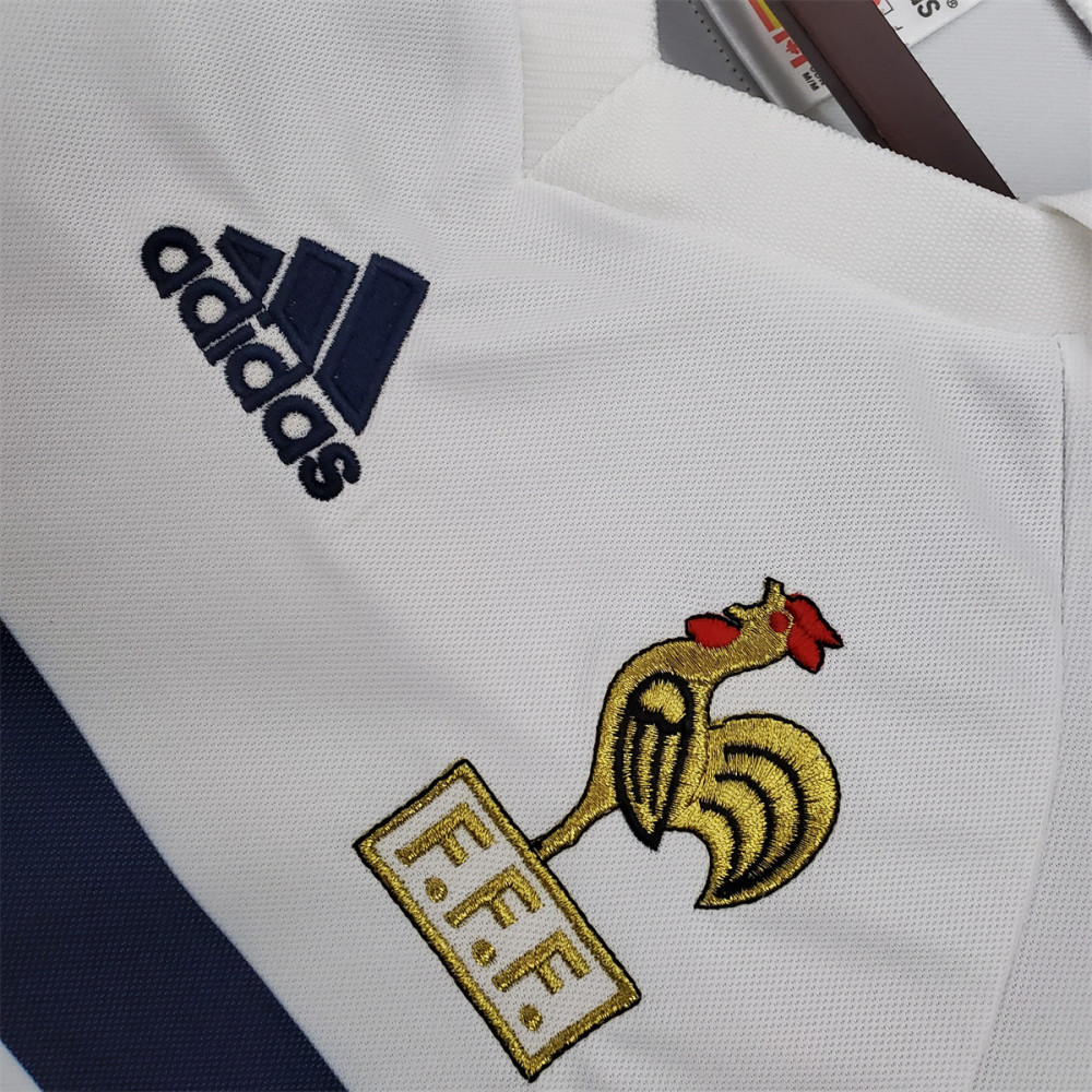 Retro France 1998 Away Jersey embroidered FFF rooster crest and Adidas logo close-up