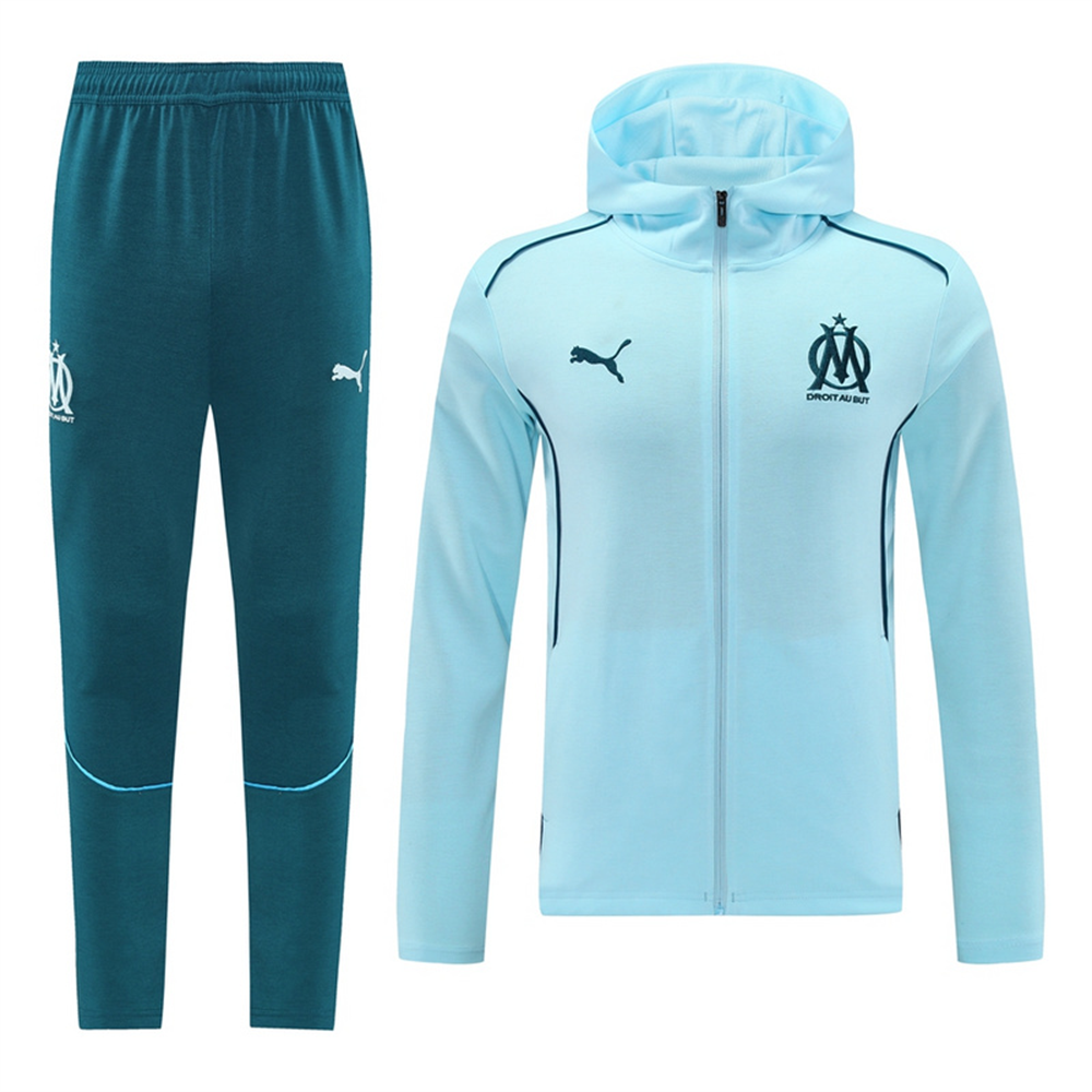 2024 Olympique Marseille Sky Blue Hoodie Jacket Kit Set Football Team Shirt Sports Fashion