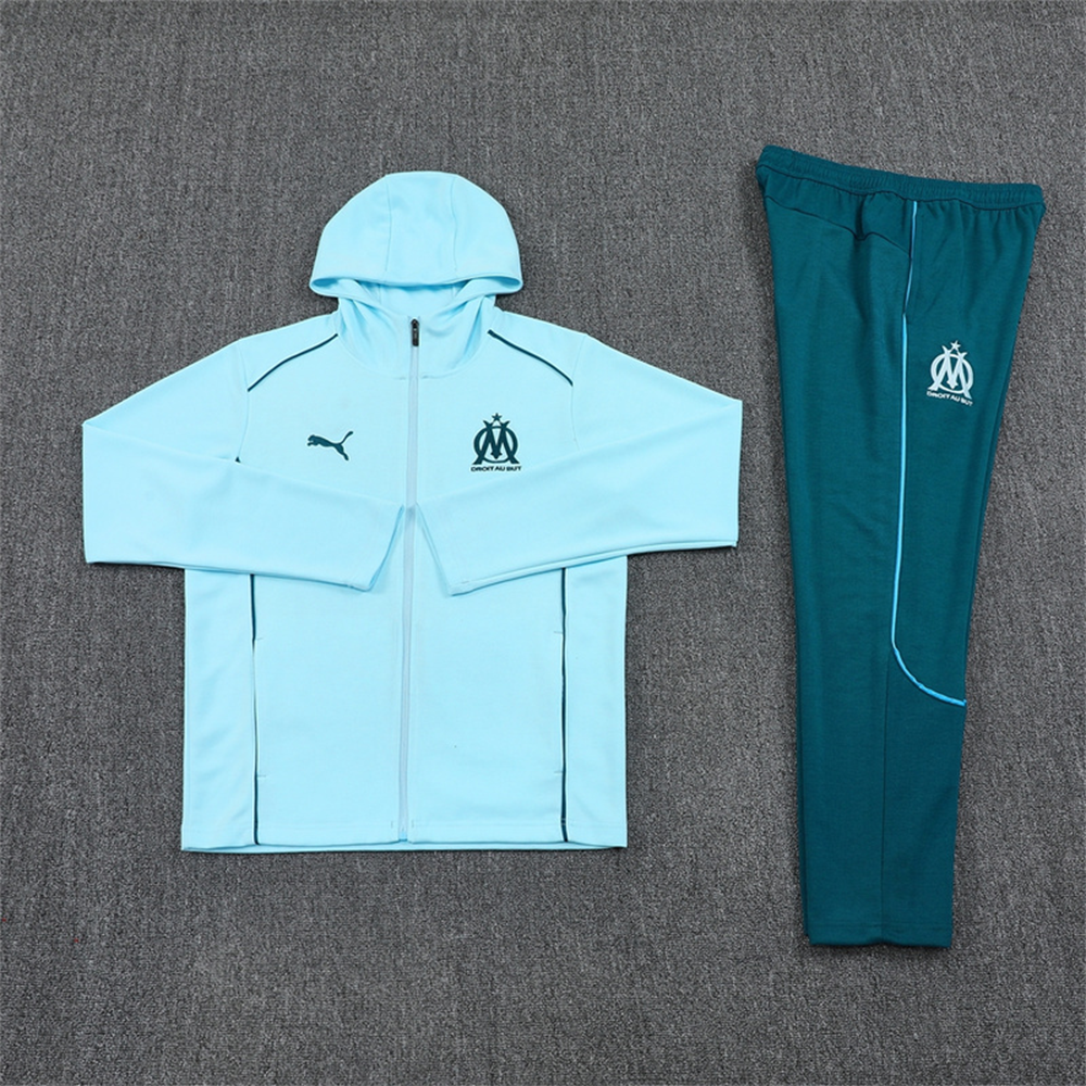 2024 Olympique Marseille Sky Blue Hoodie Jacket Kit Set Football Team Shirt Sports Fashion