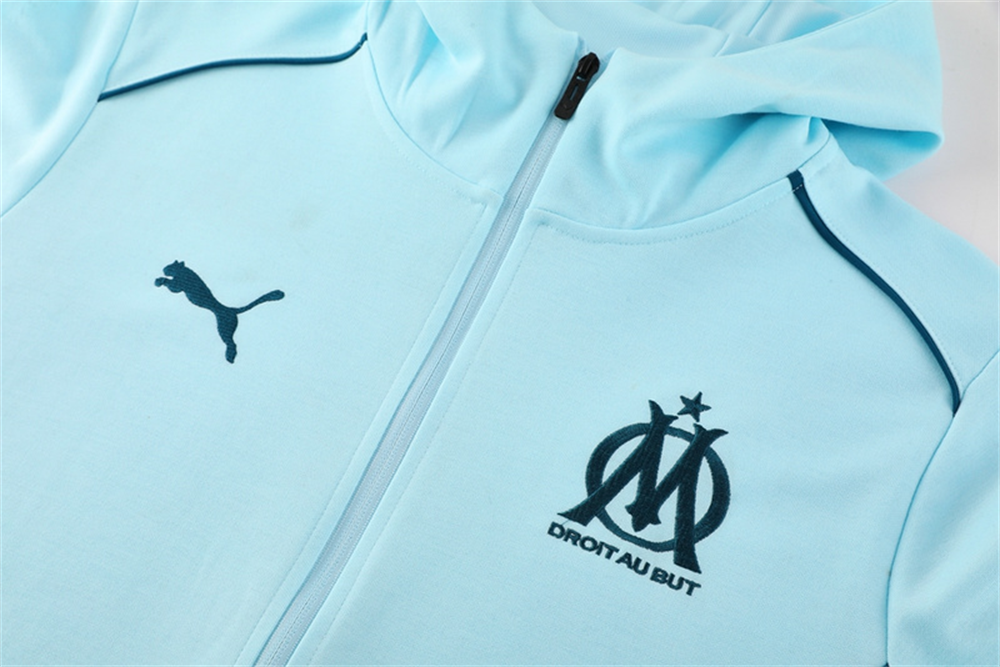 2024 Olympique Marseille Sky Blue Hoodie Jacket Kit Set Football Team Shirt Sports Fashion