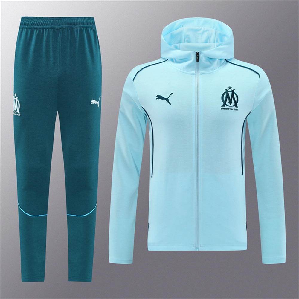 2024 Olympique Marseille Sky Blue Hoodie Jacket Kit Set Football Team Shirt Sports Fashion
