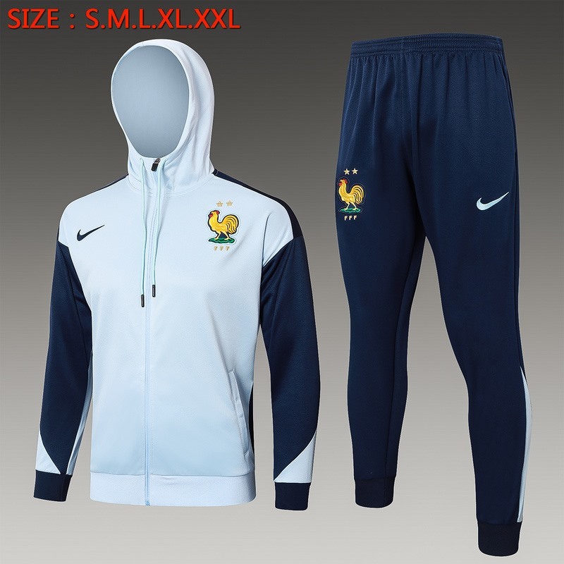 2024 France Sky Blue Hoodie Jacket Kit Set Football Team Shirt Sports Fashion