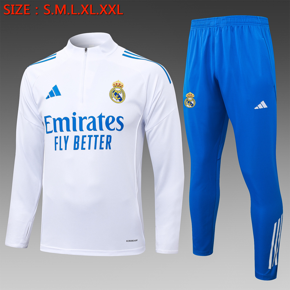 202526 Real Madrid white-blue Long-sleeved half-pull training kit Football team kit