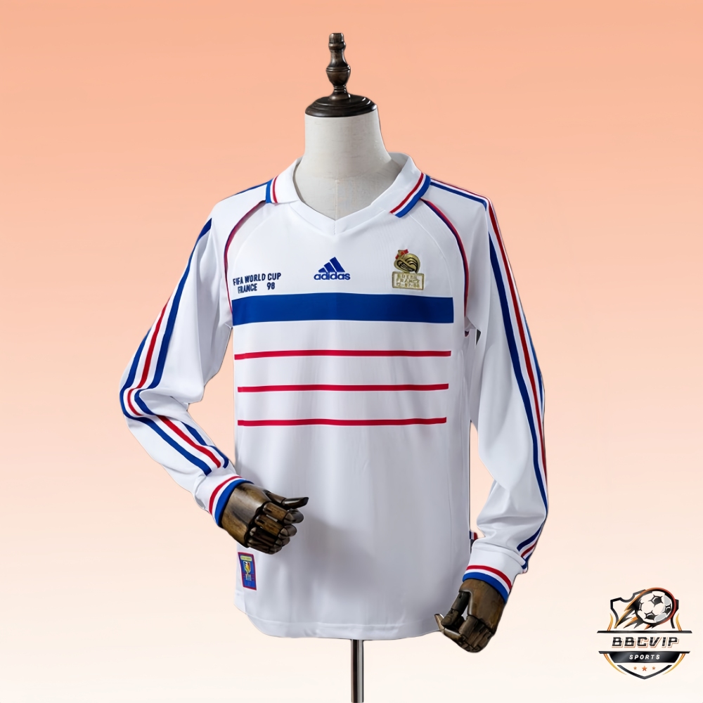 Retro France 1998 Away long sleeve jersey fan version front view, classic white France World Cup design