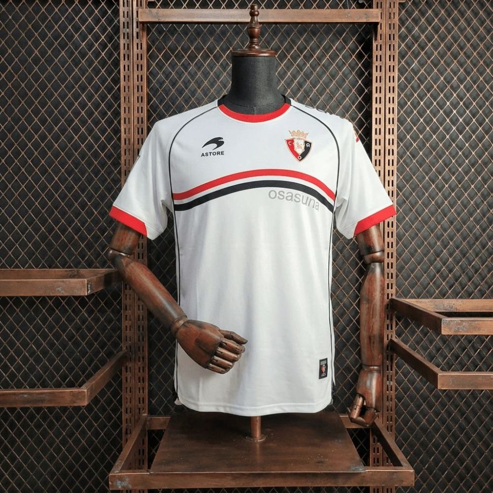 Full front view of the Retro Osasuna 2010-11 Away Jersey fan version displayed on a mannequin, featuring red and black chest stripes and club crest.