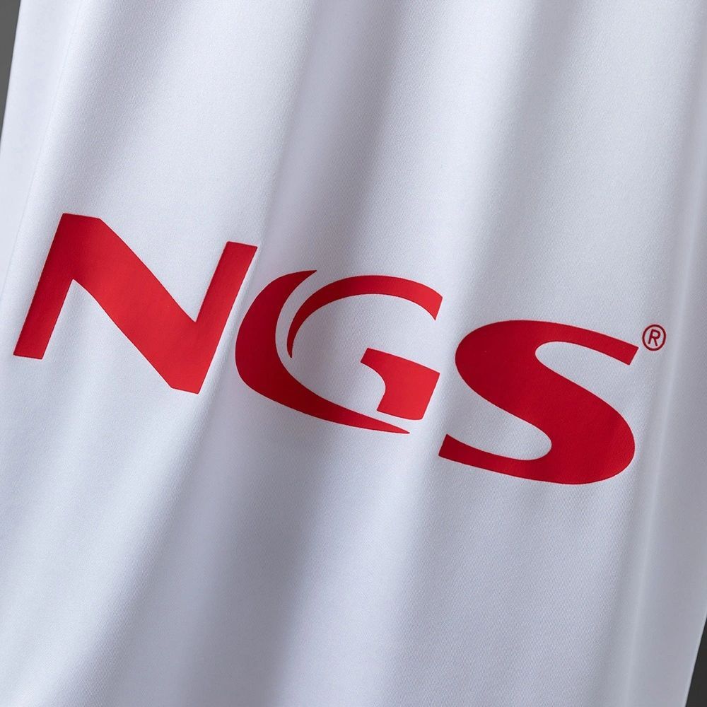 Close-up view of the “NGS” front sponsor logo printed in red on the Retro Osasuna 2010-11 Away Jersey fan version