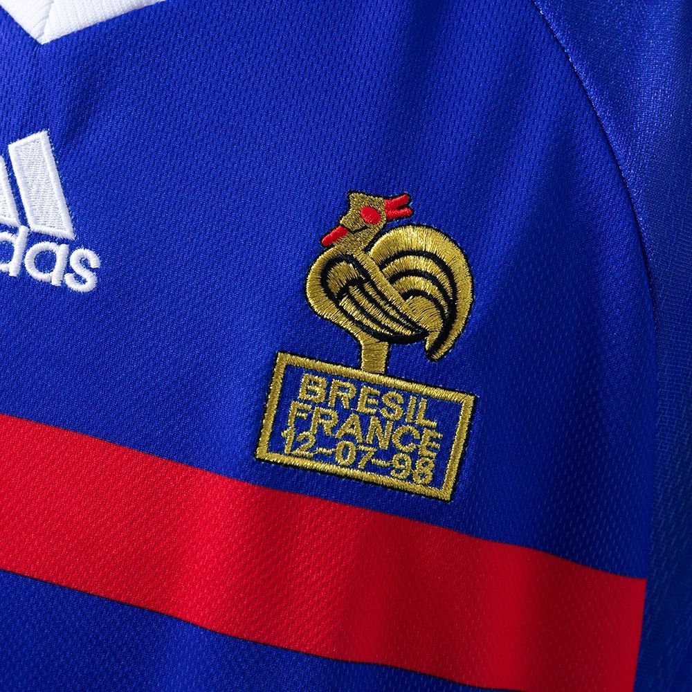 Retro France 1998 home jersey fan version front view with blue base and red stripe