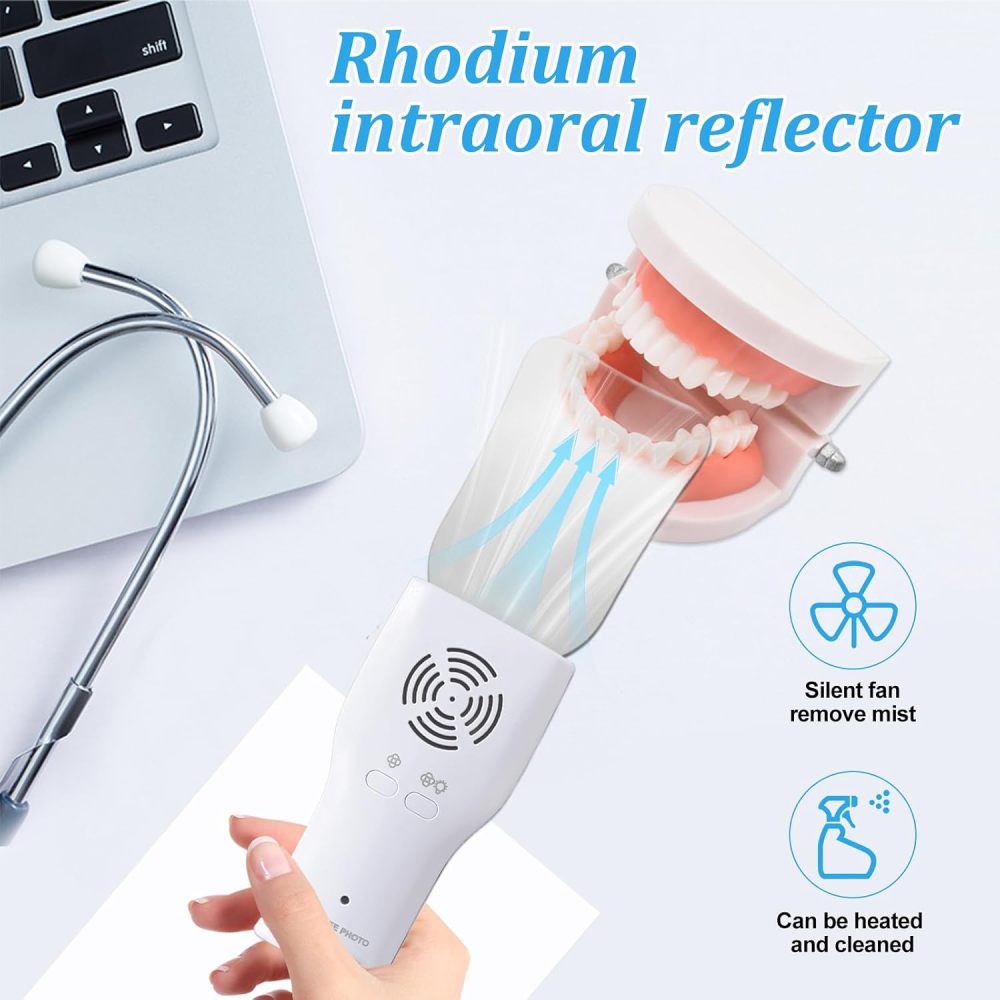 Fog-Free Dental Occlusal Photographic Mirror Device with 4 Rhodium Intraoral Reflective Mirrors for Dentistry, Anti-Fog Fan and LED Lighting Handle with Plated Glass Reflectors Oral Inspection Kit