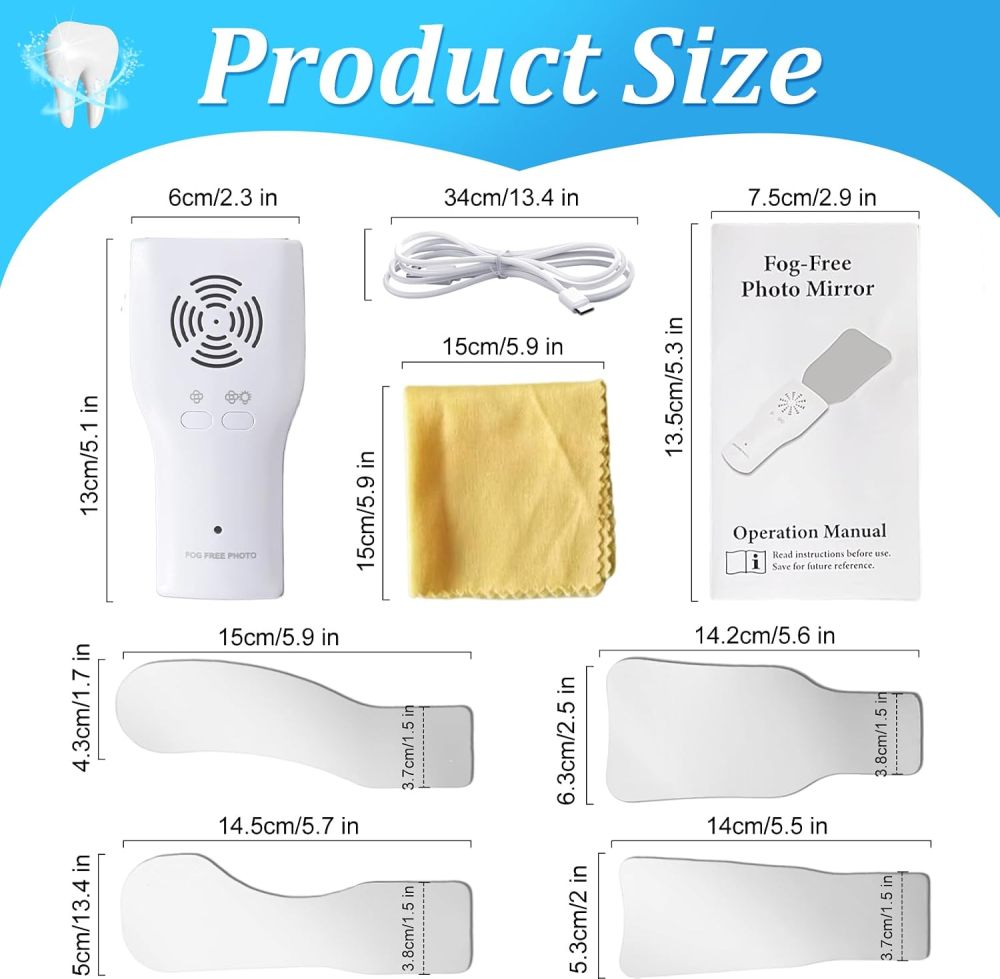 Fog-Free Dental Occlusal Photographic Mirror Device with 4 Rhodium Intraoral Reflective Mirrors for Dentistry, Anti-Fog Fan and LED Lighting Handle with Plated Glass Reflectors Oral Inspection Kit