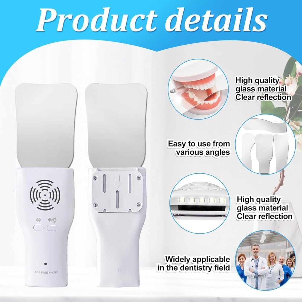 Fog-Free Dental Occlusal Photographic Mirror Device with 4 Rhodium Intraoral Reflective Mirrors for Dentistry, Anti-Fog Fan and LED Lighting Handle with Plated Glass Reflectors Oral Inspection Kit
