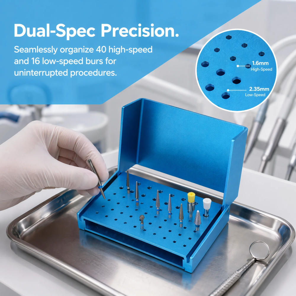 3pcs  56 Holes blue gold silver  Dental Burs Holder Burs Cleaning Stand Box Case Autoclave Aluminum Sterilizable for FG RA Burs Dentistry