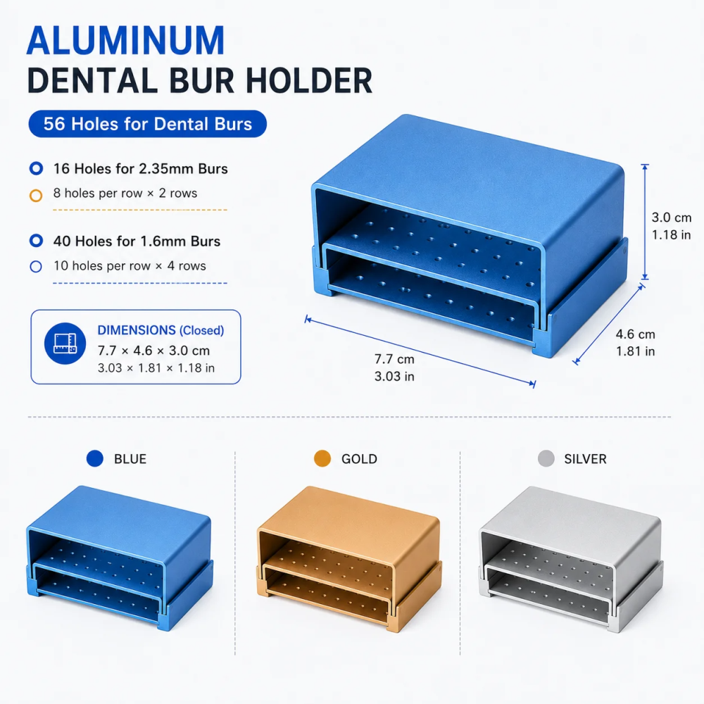 3pcs  56 Holes blue gold silver  Dental Burs Holder Burs Cleaning Stand Box Case Autoclave Aluminum Sterilizable for FG RA Burs Dentistry