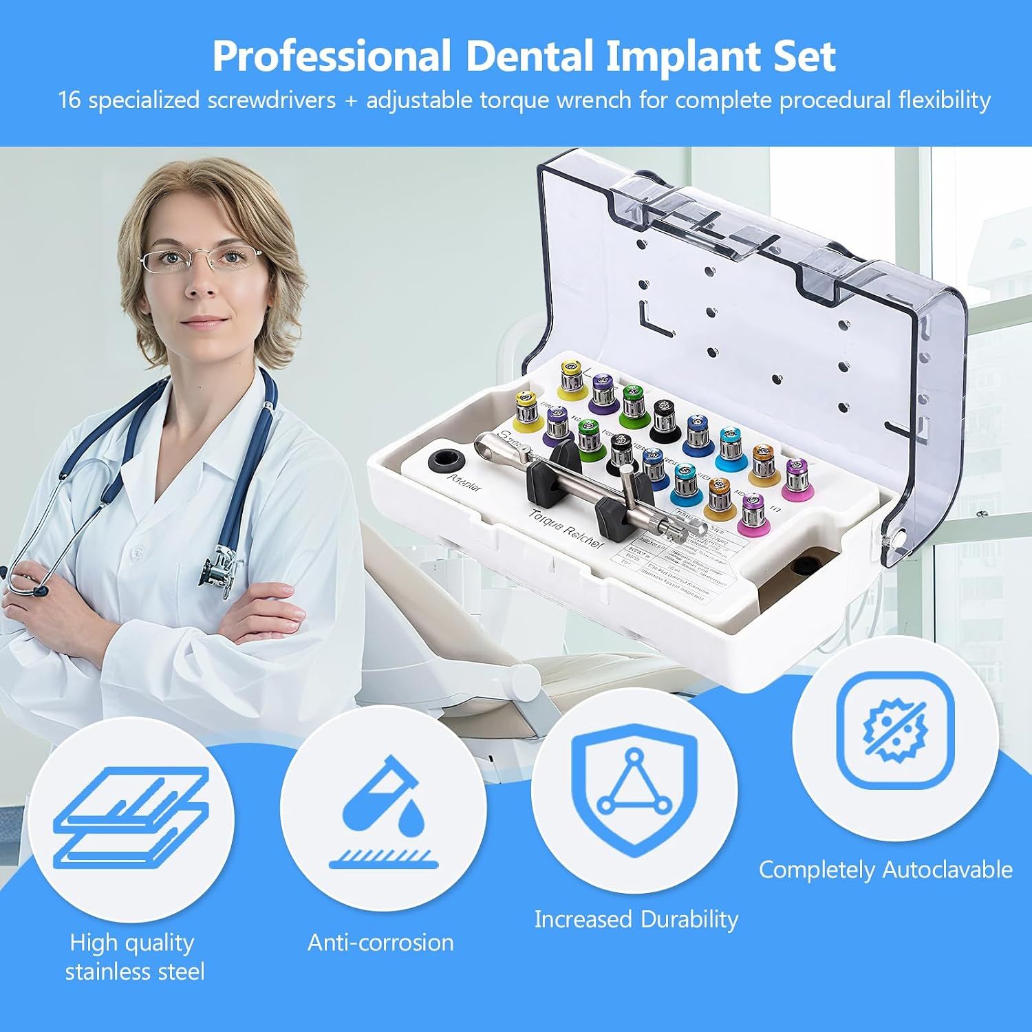 16 Pcs Dental Implant Torque Wrench Universal Kit 10-70Ncm Square Style