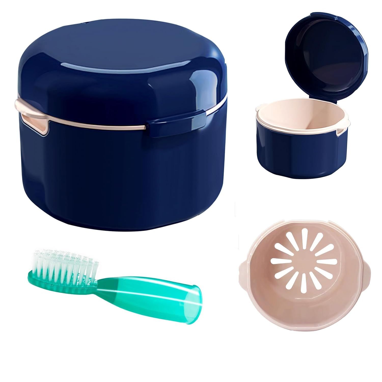 2PCS Denture Cup, Denture Bath, Denture Cups for Soaking Dentures, Denture Case with Lid, Denture Bath with Rinsing Basket, Easy to Carry and Clean Retainer Case Denture Cleaning kit