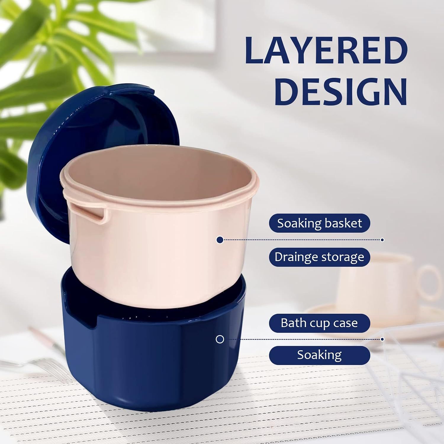 2PCS Denture Cup, Denture Bath, Denture Cups for Soaking Dentures, Denture Case with Lid, Denture Bath with Rinsing Basket, Easy to Carry and Clean Retainer Case Denture Cleaning kit
