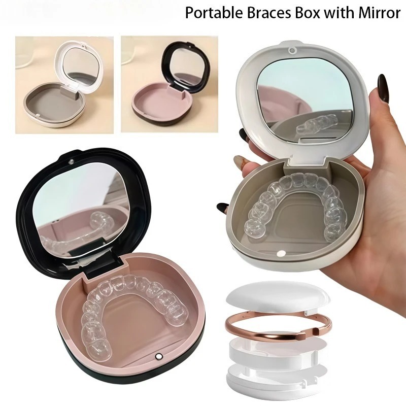 2Pcs Portable Brace Soaking Case with Mirror, Retainer and Denture Storage Case with Clasp, Orthodontic Retainer Storage Box