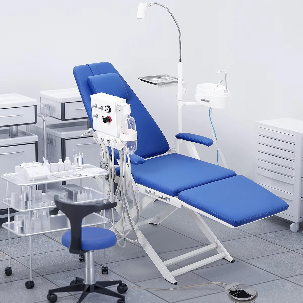 Dent Luxury Type Folding Dental Chair Complete Set Adjustable Backrest With Led Lamp Light,Portable Turbine Unit