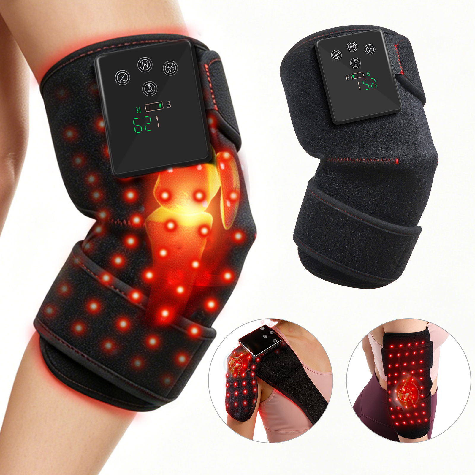 Knee Massager with Heat and Red Light 5000mAh Cordless Heated Knee Brace with 3 Heat / 3 Vibration / 5 Light Levels, 72 Red Lights