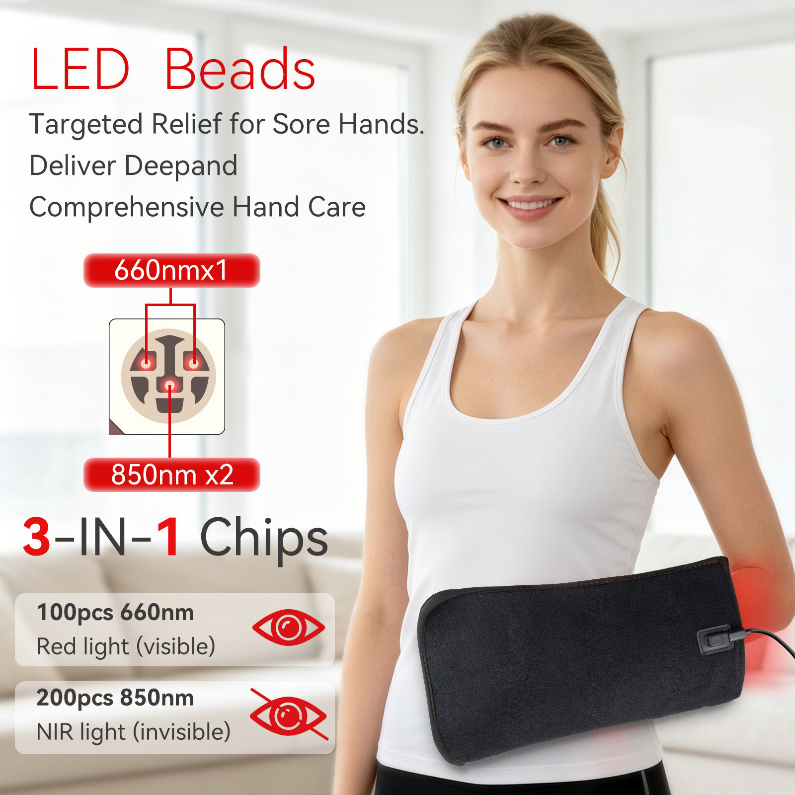 Red Light Therapy Glove, Cordless Infrared Light Therapy for Hands, Wrists & Forearms, 660nm & 850nm Red Light Therapy Wrap