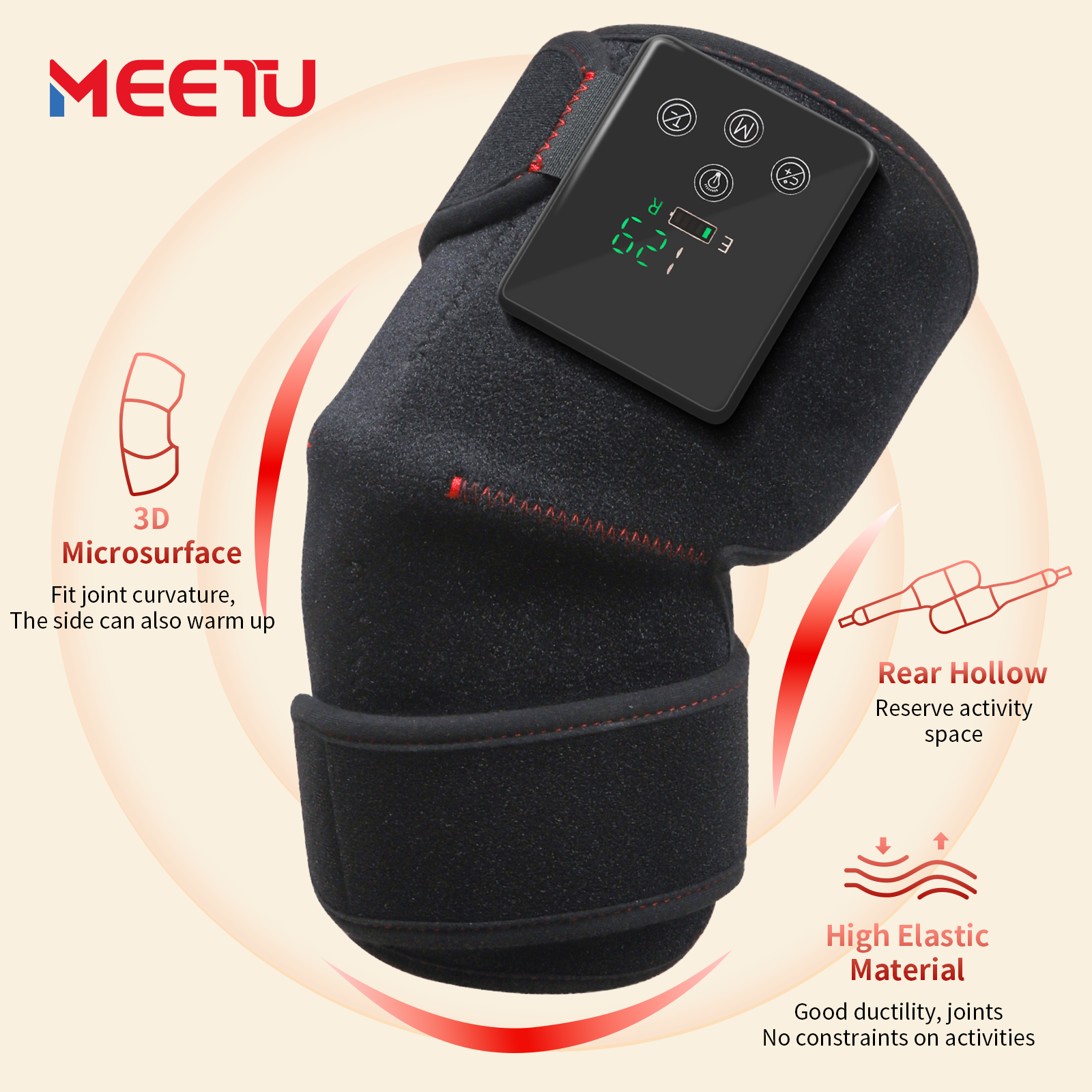 Knee Massager with Heat and Red Light 5000mAh Cordless Heated Knee Brace with 3 Heat / 3 Vibration / 5 Light Levels, 72 Red Lights