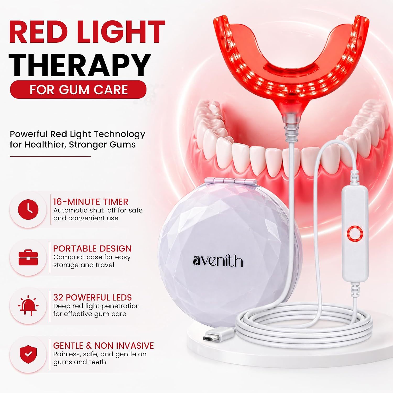 Red Light for Gums – Gum Health & Gum Care – 32 Red LEDs for Gums and Teeth – USB-C, USB & Lightning-Compatible Adapters Included Packed by high Quality Storage case