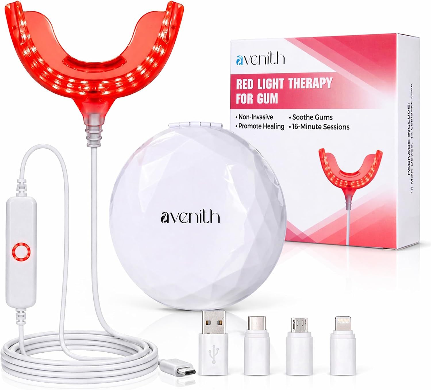 Red Light for Gums – Gum Health & Gum Care – 32 Red LEDs for Gums and Teeth – USB-C, USB & Lightning-Compatible Adapters Included Packed by high Quality Storage case