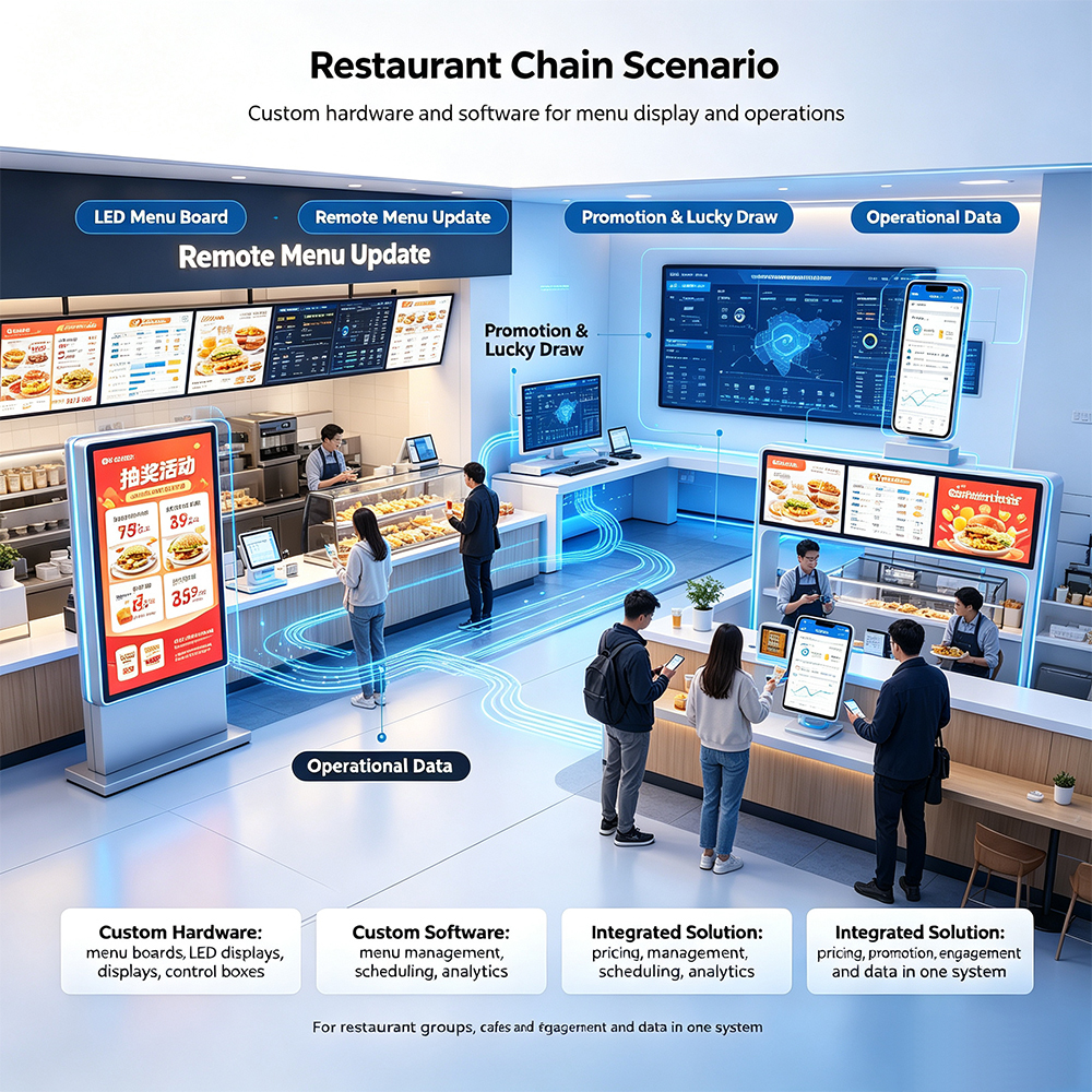 All-in-one hardware software custom digital signage for chain restaurants, own sheet metal factory 