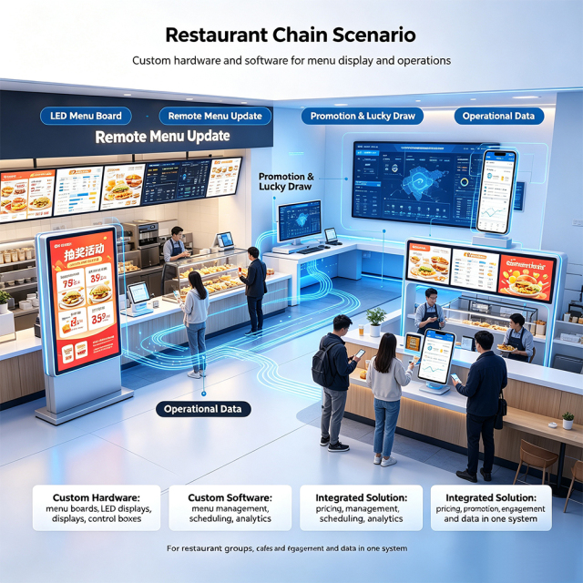 All-in-one hardware software custom digital signage for chain restaurants, own sheet metal factory 