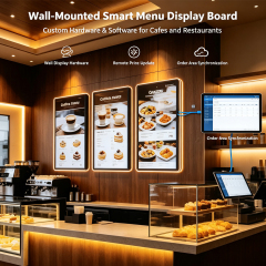 Wall-mounted Digital Display Board
 Wall mounted digital menu screen, custom hardware and software for cafe