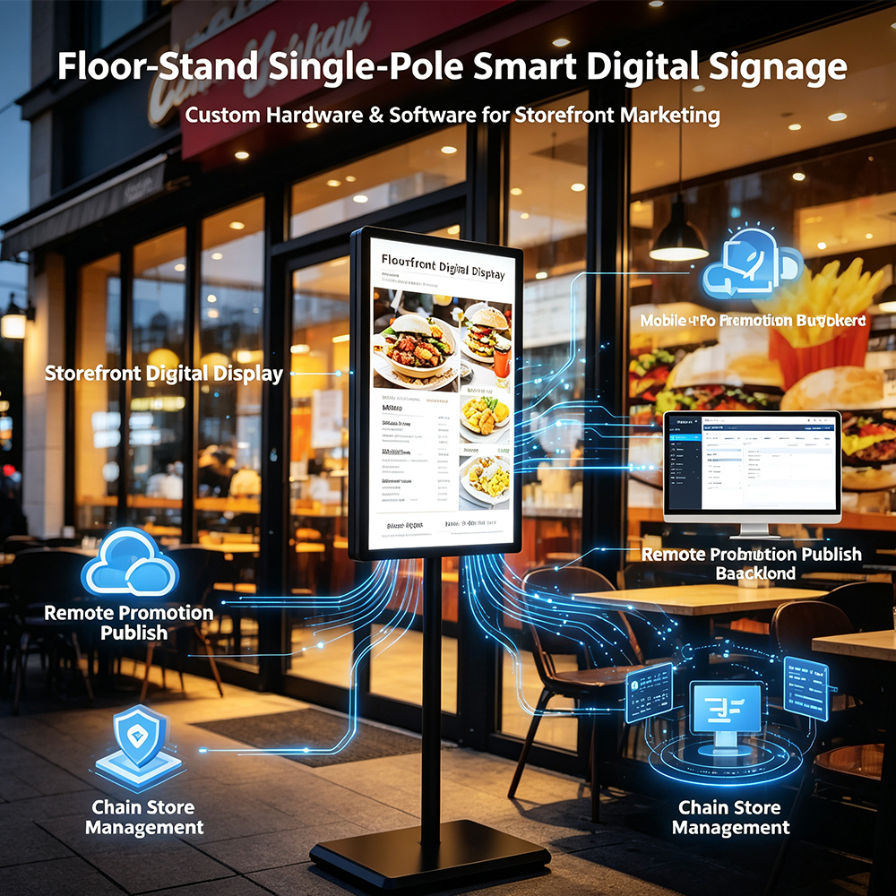 Floor standing pole digital display
 Pole mounted outdoor digital screen, integrated software hardware solution 