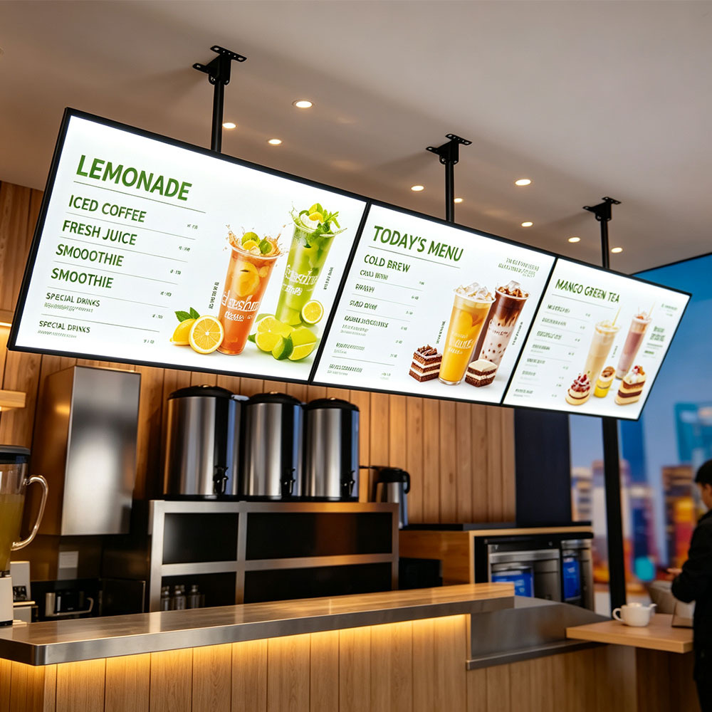 Hanging LED menu board ceiling suspended adjustable angle for milk tea shop