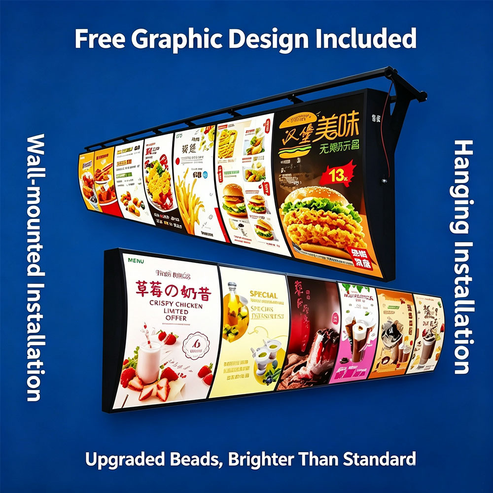 Curved LED menu board spliced wall hanging illuminated menu for fast food shop