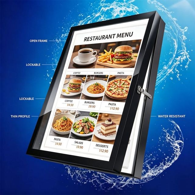 Waterproof outdoor lockable LED menu board with hinged aluminum frame
