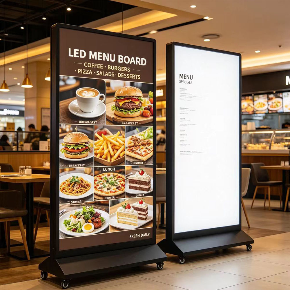 Freestanding mobile LED menu board with rolling casters restaurant menu display