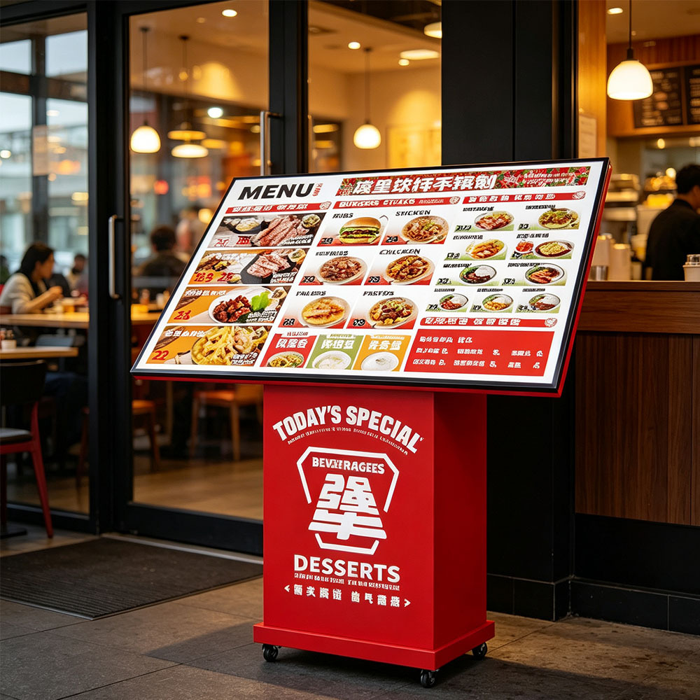Slant top mobile LED menu board with wheeled metal cabinet restaurant storefront