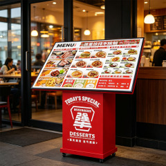 Slant top mobile LED menu board with wheeled metal cabinet restaurant storefront