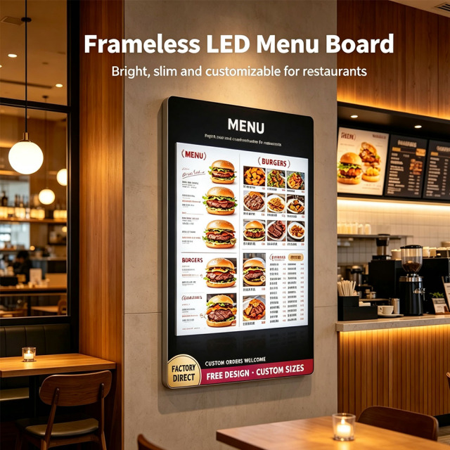 Frameless SEG LED menu board wall mounted restaurant backlit food menu