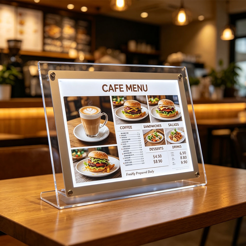 Acrylic crystal LED menu board tabletop cafe backlit food menu