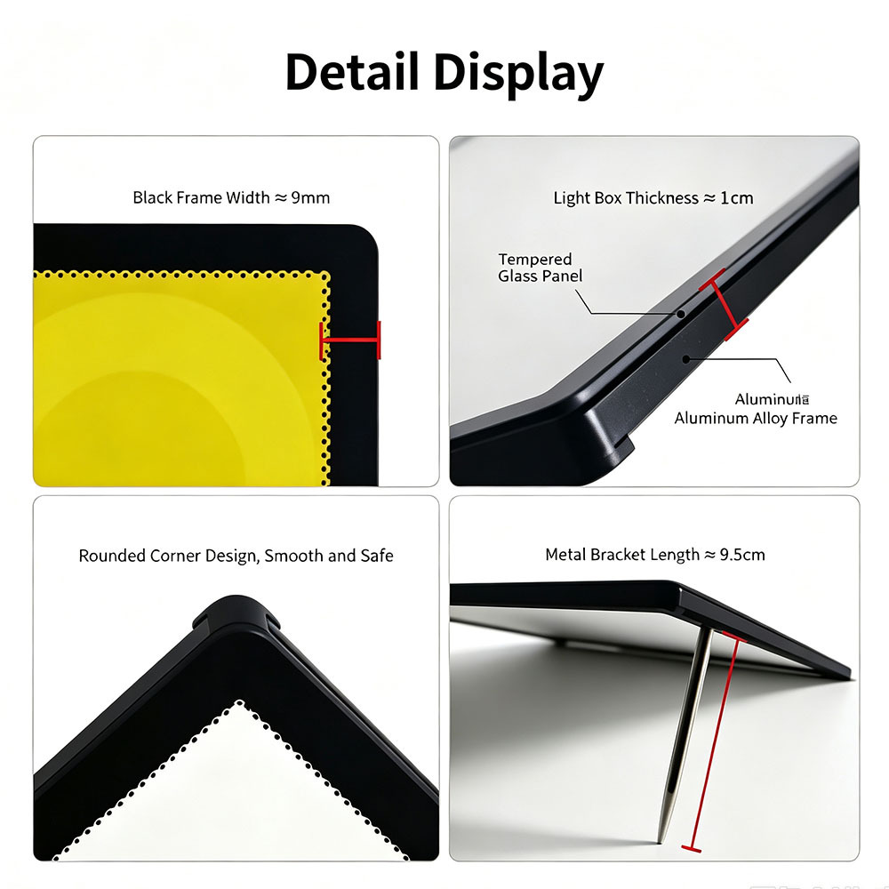 Detail display of ultra thin desktop LED menu board pull-out poster frame